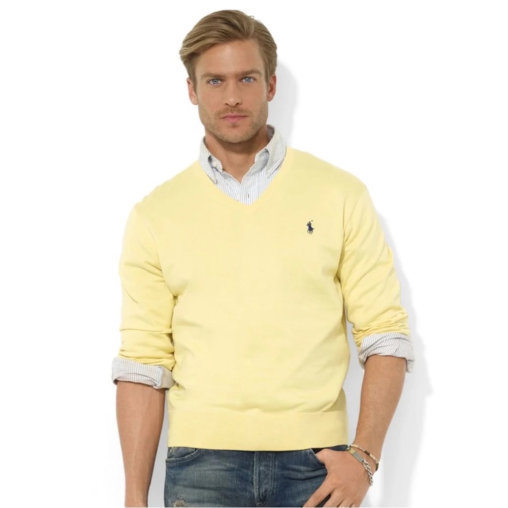 Polo Ralph Lauren Medium V Neck Embroidered Logo Pima Cotton Mens Yellow…